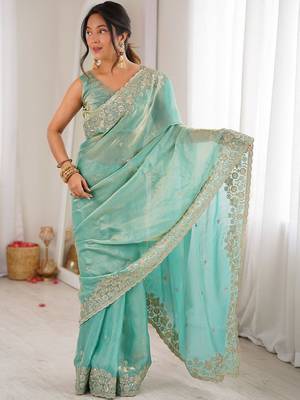 Turquoise embellished sequinned satin designer saree 4