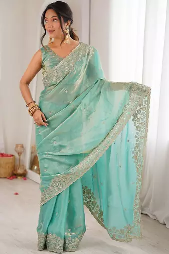 Turquoise embellished sequinned satin designer saree