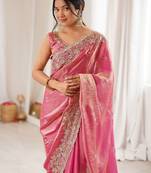 Pink embellished sequinned satin designer saree