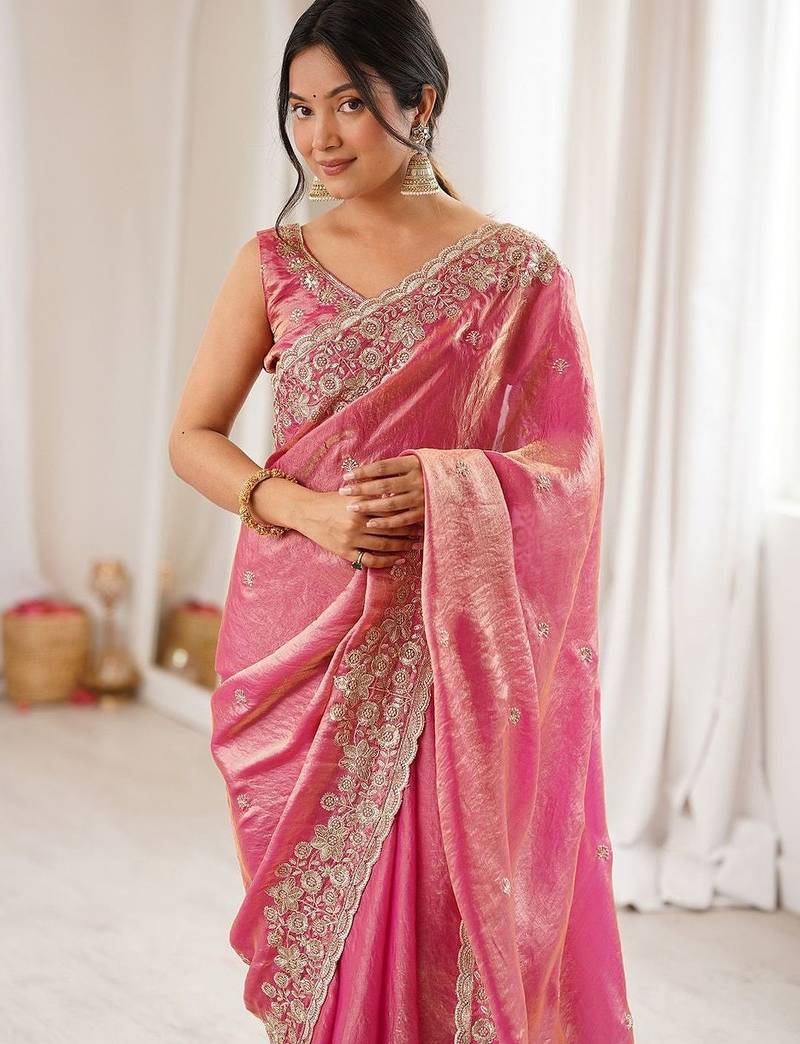 Pink embellished sequinned satin designer saree