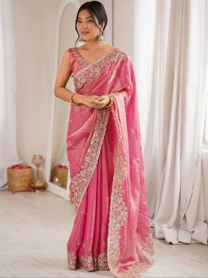 Pink embellished sequinned satin designer saree 2