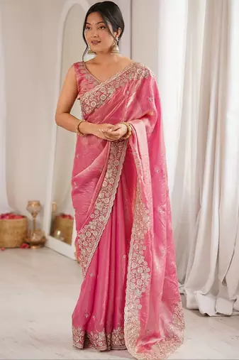 Pink embellished sequinned satin designer saree