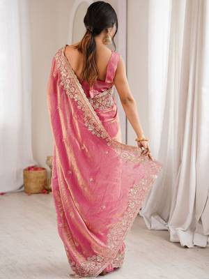 Pink embellished sequinned satin designer saree 3