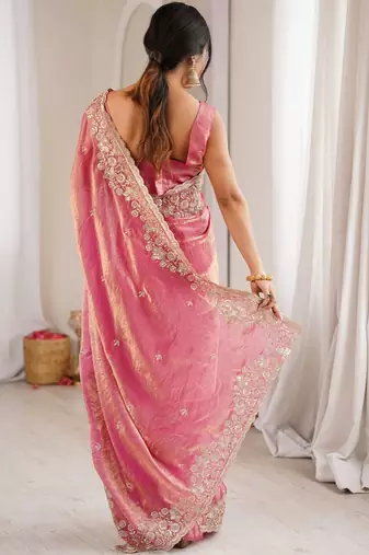 Pink embellished sequinned satin designer saree