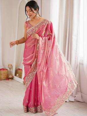 Pink embellished sequinned satin designer saree 4