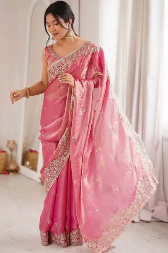 Pink embellished sequinned satin designer saree