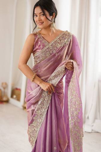 Lavender embellished sequinned satin designer saree