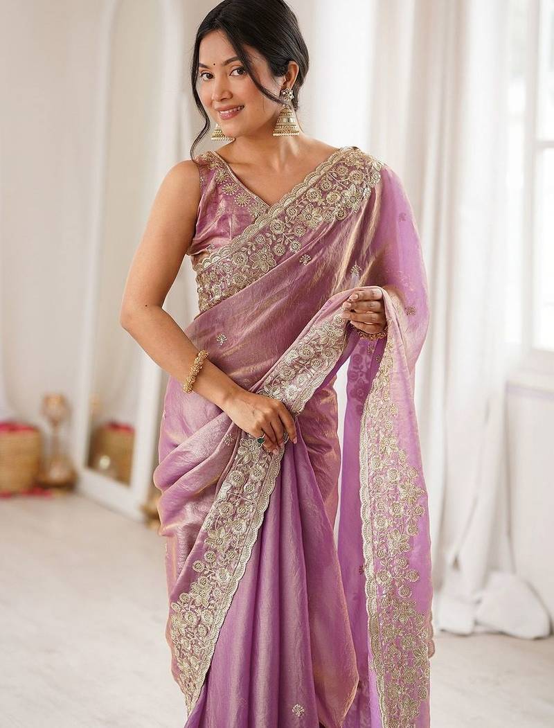 Lavender embellished sequinned satin designer saree
