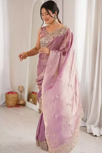 Lavender embellished sequinned satin designer saree