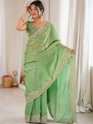 Lime embellished sequinned satin designer saree 1