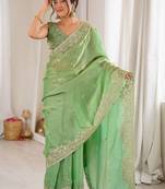 Lime embellished sequinned satin designer saree