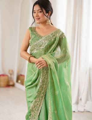 Lime embellished sequinned satin designer saree 2