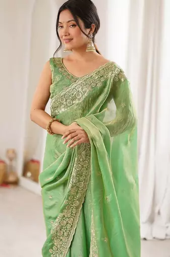 Lime embellished sequinned satin designer saree