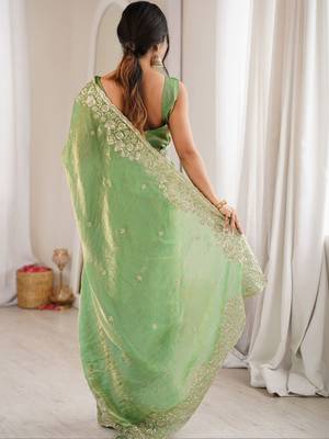 Lime embellished sequinned satin designer saree 3