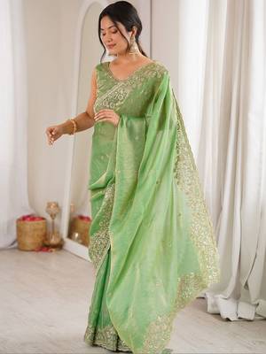 Lime embellished sequinned satin designer saree 4