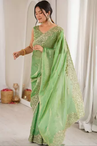 Lime embellished sequinned satin designer saree
