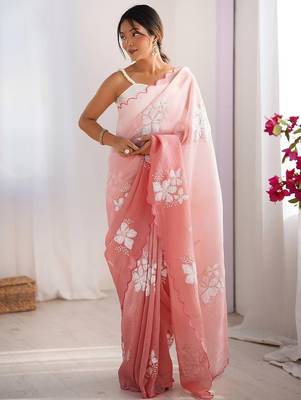 Peach embellished embroidered tissue designer saree 1