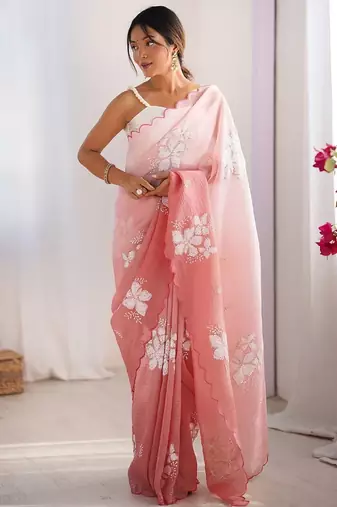 Peach embellished embroidered tissue designer saree