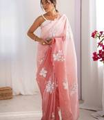 Peach embellished embroidered tissue designer saree