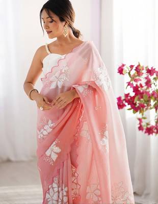Peach embellished embroidered tissue designer saree 2