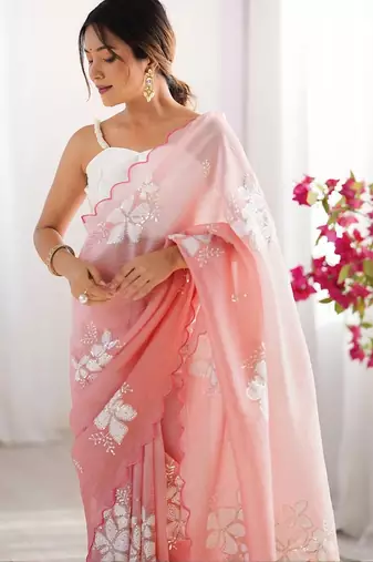 Peach embellished embroidered tissue designer saree