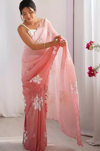 Peach embellished embroidered tissue designer saree