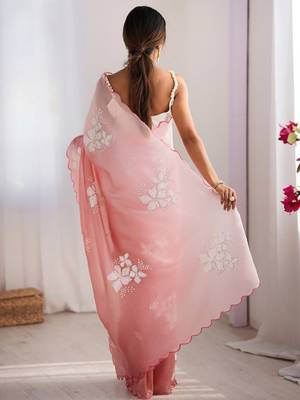 Peach embellished embroidered tissue designer saree 4