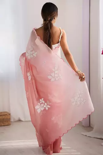 Peach embellished embroidered tissue designer saree