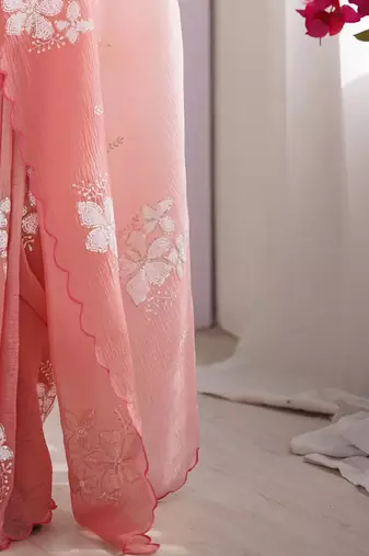 Peach embellished embroidered tissue designer saree
