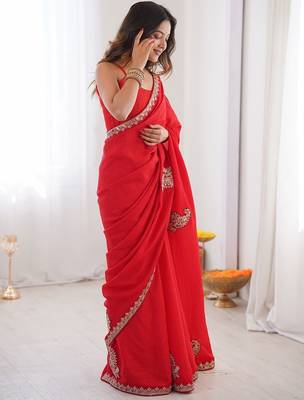 Red ethnic motifs embroidered silk blend heavy work saree 2