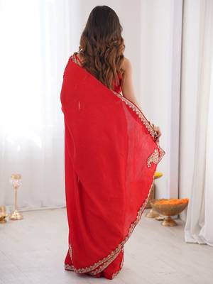 Red ethnic motifs embroidered silk blend heavy work saree 3