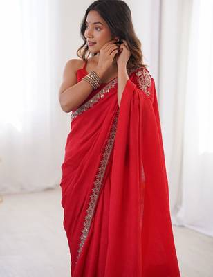 Red ethnic motifs embroidered silk blend heavy work saree 4