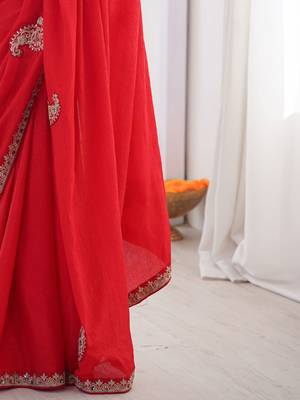 Red ethnic motifs embroidered silk blend heavy work saree 5