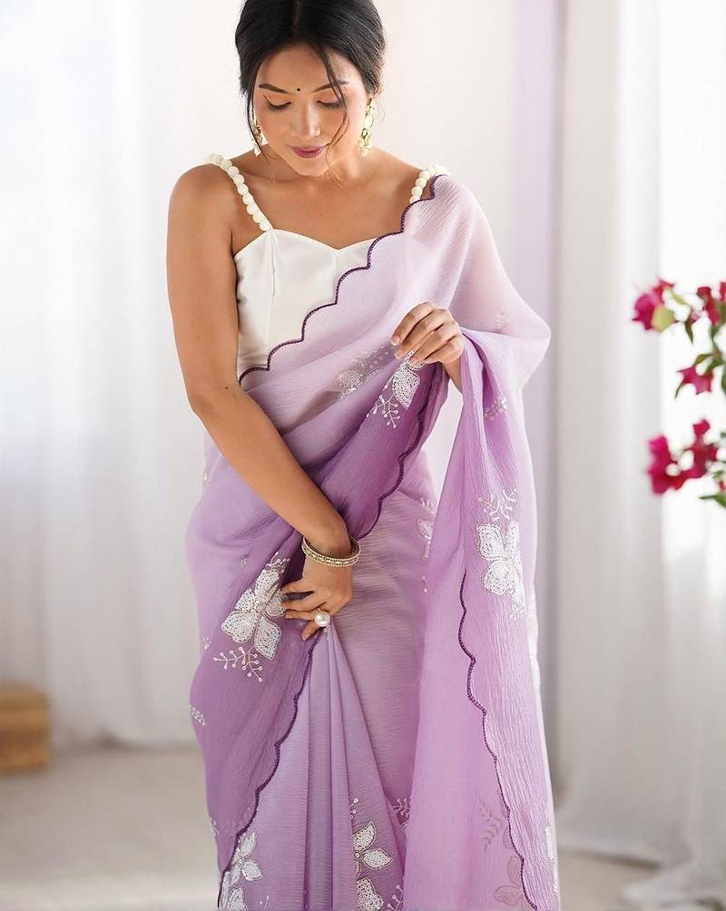 Purple women embellished tissue designer saree