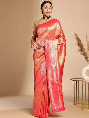 Pink ethnic woven design zari art silk kanjeevaram saree 1