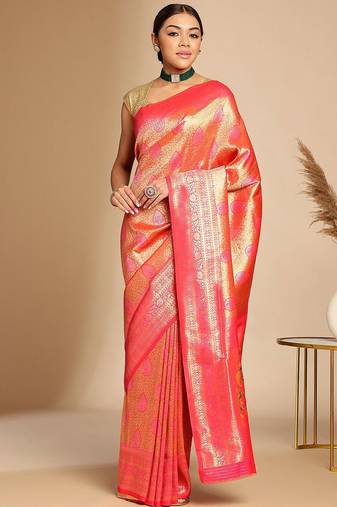 Pink ethnic woven design zari art silk kanjeevaram saree