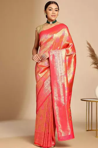 Pink ethnic woven design zari art silk kanjeevaram saree