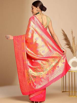 Pink ethnic woven design zari art silk kanjeevaram saree 2