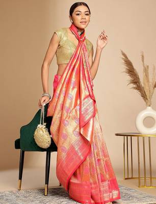 Pink ethnic woven design zari art silk kanjeevaram saree 3
