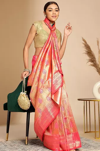 Pink ethnic woven design zari art silk kanjeevaram saree