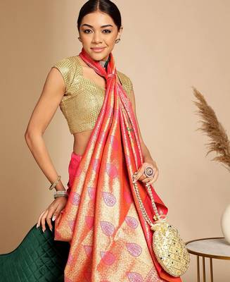 Pink ethnic woven design zari art silk kanjeevaram saree 4