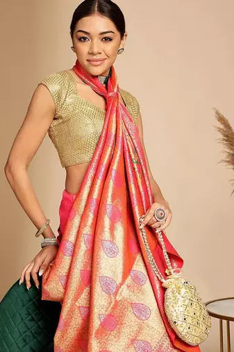 Pink ethnic woven design zari art silk kanjeevaram saree