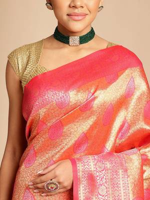 Pink ethnic woven design zari art silk kanjeevaram saree 5