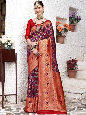Red red & purple ethnic motifs woven design zari art silk kanjeevaram saree 1