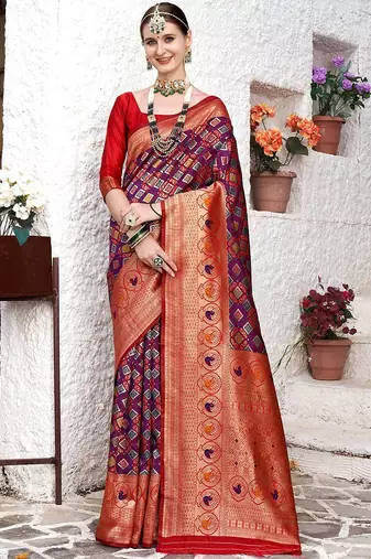 Red red & purple ethnic motifs woven design zari art silk kanjeevaram saree