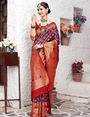 Red red & purple ethnic motifs woven design zari art silk kanjeevaram saree 2