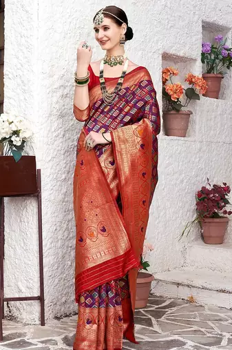 Red red & purple ethnic motifs woven design zari art silk kanjeevaram saree