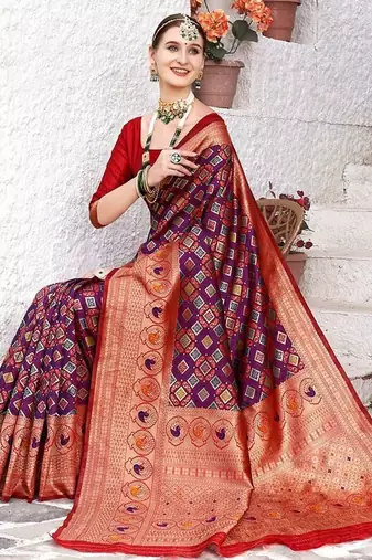 Red red & purple ethnic motifs woven design zari art silk kanjeevaram saree