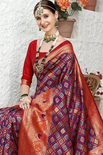 Red red & purple ethnic motifs woven design zari art silk kanjeevaram saree