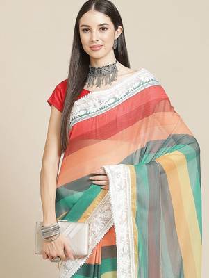 White white & red striped saree 1